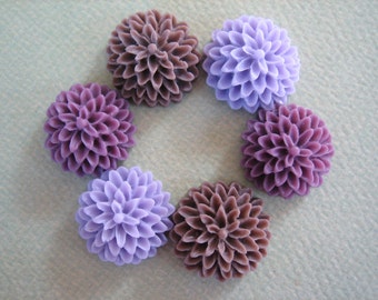 Blumen cabs, Mixed Color Sampler Pack, Violett, Flieder und Braune Cabs, Chrysanthemen Cabochons, 15mm Cabochons, Braune Blüten, 6 Stück