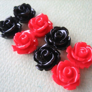 Mini Rose Flower Cabochons, Rose Cabochons, Mini Flower Cabs, Mini Rose Cabs, 8 pieces, 10mm Resin Roses, Red and Black Rose, ZARDENIA