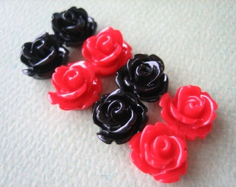 Mini Rose Flower Cabochons, Rose Cabochons, Mini Flower Cabs, Mini Rose Cabs, 8 pieces, 10mm Resin Roses, Red and Black Rose, ZARDENIA