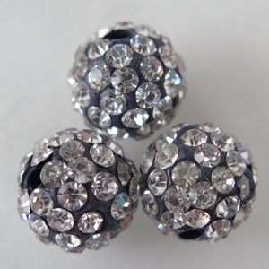 Clear on Black Shambala Beads, 3pcs Polymer Clay Crystal Shamballa Beads, B13 10mm Round Shamballa Beads, DIY Jewelry Supplies, Zardenia