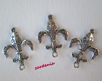 Fleur de lis Charms, Silver Fleur de lis, Fleur de lis Connector, Fleur de lis Beads, 30x20mm, 3 pieces, Zardenia, Diy Beads