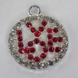 1PC - Silver Rhinestone Pendant - Round Love Charm with Red and Clear Rhinestones - 20x18mm