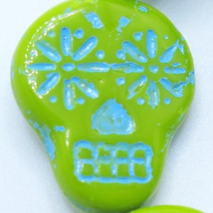 Czech Beads, Sugar Skull Beads, Chartreuse and Blue Skulls, 2 pieces, SSB5, 20X17mm, Jewelry Supplies, Zardenia