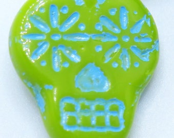 Czech Beads, Sugar Skull Beads, Chartreuse and Blue Skulls, 2 pieces, SSB5, 20X17mm, Jewelry Supplies, Zardenia