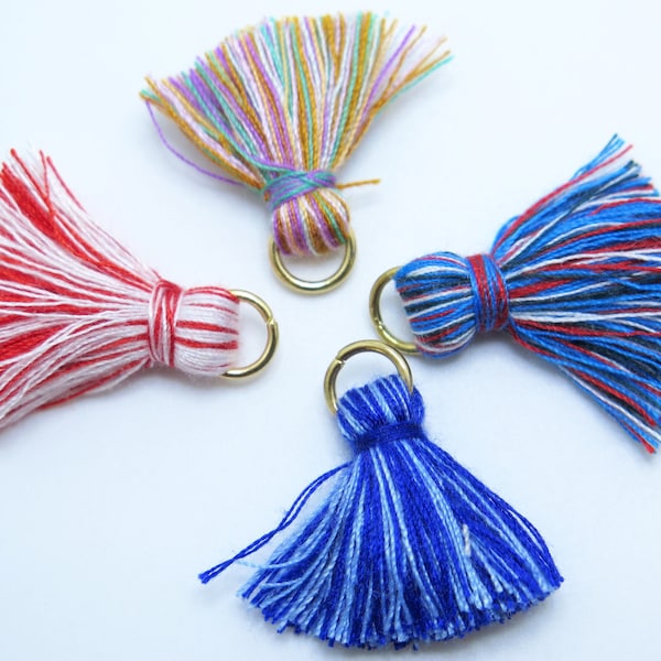 Red, White & Blue Tassel Mix 8, 4 Color Sampler Pack, Small Cotton Jewelry Tassels with Matching Binding and Gold Plated Jump Ring, 25mm