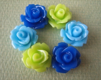 Mini Roses, Blue Mini Roses, Green Mini Roses, Rose Cabochons, 10mm Mini Roses, Mini Rose Cabochons, Zardenia, 6 piece Mixed Set