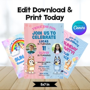 Puede incluir: Tres invitaciones de fiesta coloridas con personajes de dibujos animados y el texto "Join Us To Celebrate". Las invitaciones miden 12,7 x 17,8 cm y presentan el texto "Edit Download & Print Today". Una invitación tiene un arcoíris y el texto "Sunday Party!"