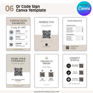 Könnte beinhalten: Eine Canva-Vorlage für QR-Code-Schilder. Das Design umfasst Vorlagen für kontaktlose Zahlungen, mobiles Bezahlen und die Verbindung auf Social-Media-Plattformen wie Instagram, TikTok und Pinterest. Die Vorlage enthält auch einen Abschnitt für Dienstleistungen.