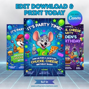 May include: Three colorful birthday party invitations with cartoon characters. The invitations feature the text "It's Party Time!" and "Join us for a Jack's 5th Chuck E. Cheese Birthday Bash!" The invitations are 5x7 inches.