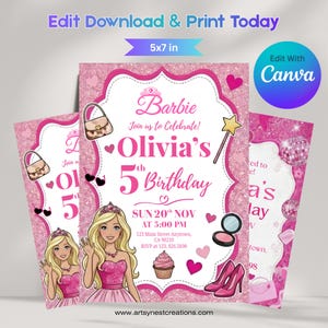 Puede incluir: Invitaciones rosas para una fiesta de cumpleaños con temática de Barbie. El diseño incluye ilustraciones de una muñeca Barbie, un bolso, tacones altos y una magdalena. El texto dice "5º cumpleaños de Olivia". Las invitaciones miden 12,7 x 17,8 cm.