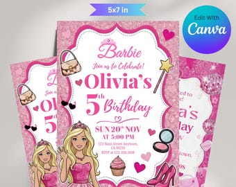 Editable fashion doll birthday Invitation | Fashion Doll Birthday Invitation | Pink Glitter Party | Instant Download | Canva Template