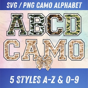 May include: Digital graphic design featuring the text "SVG / PNG CAMO ALPHABET" and "ABCD CAMO" in a camouflage pattern. The design includes a bow and the text "5 STYLES A-Z & 0-9" on a blue background with a gradient.