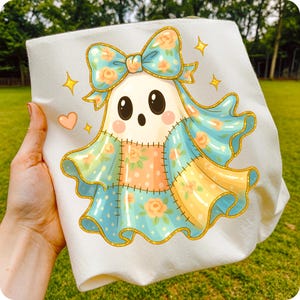 Patchwork Halloween Ghost PNG, Retro Spooky Ghost Design, Cute Boo Sublimation, Fall Pumpkin PNG, Coquette Season Clipart, Digital Download