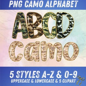 May include: Digital graphic design featuring the text "PNG CAMO ALPHABET" in white, above large, stylized letters A, B, C, and D, and the word "Camo". The letters and word are in a camouflage pattern with gold outlines. The bottom text reads "5 STYLES A-Z & 0-9".