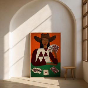 Vaquera jugando a las cartas: impresión occidental, póster retro, impresión artística de vaquera, arte mural de vaquera, impresión artística de moda, descarga de impresión digital