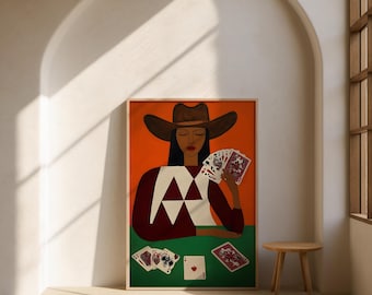 Card Playing Cowgirl — Western Print, Retro Poster, Cowgirl Art Print, Cowgirl Wall Art, Trendy Art Print, Digital Print Download