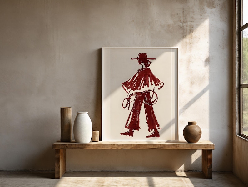 May include: A framed illustration of a person wearing a hat and a long, flowing red garment. The illustration is on a white background and is framed in a simple black frame. The illustration is hanging on a wall with a wooden shelf below it.