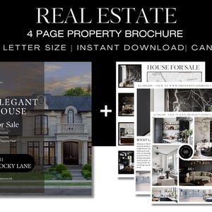Op de afbeelding: Een zwart-wit vastgoedbrochure met de tekst "REAL ESTATE" en "4 PAGE PROPERTY BROCHURE". De brochure bevat een foto van een huis en interieurontwerpafbeeldingen. De tekst "ELEGANT HOUSE" en "For Sale" zijn ook zichtbaar.