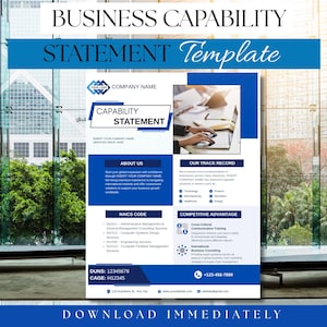 Peut inclure: Un modèle de déclaration de capacité commerciale bleu et blanc avec le texte "BUSINESS CAPABILITY STATEMENT Template". Le document comprend des sections pour le nom de l'entreprise, la déclaration de capacité, à propos de nous, les antécédents et l'avantage concurrentiel. Le bas du modèle dit "DOWNLOAD IMMEDIATELY".