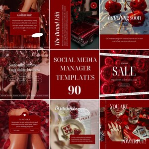 May include: A collection of red-toned social media templates. The central text reads "SOCIAL MEDIA MANAGER TEMPLATES 90." Other panels include text like "Golden Rule," "The Brand Edit," and "Sale." Images include a vintage car and cherries.