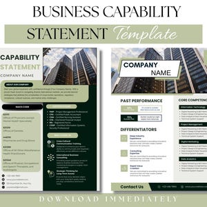 Puede incluir: Una plantilla de declaración de capacidad empresarial con un diseño moderno. La plantilla incluye secciones para el nombre de la empresa, el rendimiento pasado, las competencias básicas y los diferenciadores. El fondo presenta imágenes de rascacielos.