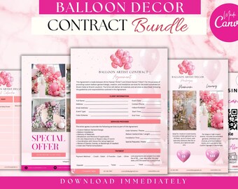 Plantillas para artistas de guirnaldas de globos: formularios, lista de precios, contratos y herramientas de decoración para eventos. Editables en Canva.