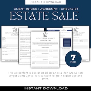 May include: A collection of printable estate sale documents, including a summary, agreement, checklist, and intake form. The documents are designed in an 8.5 x 11 inch layout and are suitable for digital and print use. The image includes the text "ESTATE SALE".