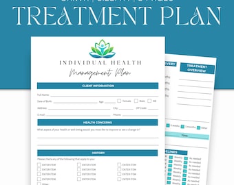 May include: A digital download of a treatment plan template. The document includes sections for client information, health concerns, history, and emergency contact details. The design features a teal background with the words "TREATMENT PLAN" at the top.