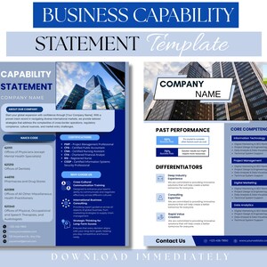 May include: A business capability statement template with a blue and gray color scheme. The template includes sections for company information, certifications, and core competencies. The text "Business Capability Statement Template" is at the top.