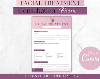May include: A pink and purple facial treatment consultation form. The form includes sections for client information, skin concerns, skin history, and emergency contact details. The words "FACIAL TREATMENT" and "Consultation Form" are at the top.