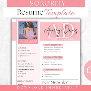 Customizable Pink Sorority Resume Template – Canva Design with Photo | Sorority Cover Letter, Rush Resume & Sorority Resume,  Sorority