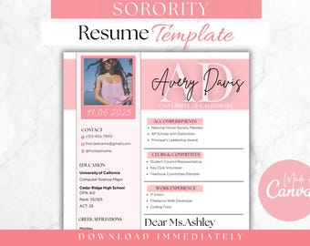 Anpassbare rosa Sorority Lebenslauf Vorlage - Canva Design mit Foto | Sorority Anschreiben, Rush Resume & Sorority Resume, Sorority