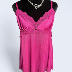 Early Y2K Felina Lingerie Hot Pink Satin Slip Dress - Vintage Lingerie with Lace Trim - 2000s Babydoll Nightie