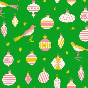 May include: A repeating pattern on a vibrant green background featuring various Christmas ornaments in shades of pink, white, and yellow, interspersed with small yellow stars and stylized birds perched on wire coils throughout the design.