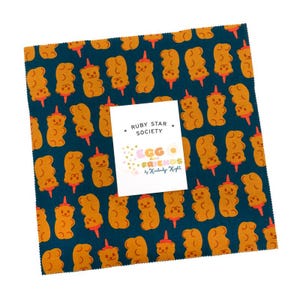 May include: A stack of fabric squares with a repeating pattern of orange gummy bear-like figures on a teal background. A white label in the center reads "EGG and FRIENDS by Kimberly Knight" and "RUBY STAR SOCIETY".