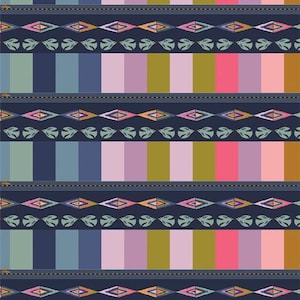May include: A repeating pattern with horizontal bands of color and decorative elements. The design features stripes of green, blue, pink, and gold. The pattern includes diamond and leaf motifs, creating a vibrant and textured look.
