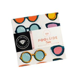 May include: A stack of 42 fabric squares measuring 5 inches each, featuring a white background with a repeating pattern of colorful sunglasses in shades of orange, light blue, yellow, and pink. A paper band displays the text Ruby Star Society Poolside Too.