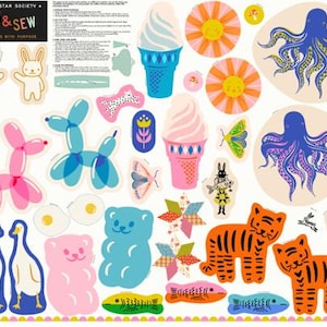 May include: A Ruby Star Society Cut & Sew fabric panel featuring various printed motifs including blue and pink ice cream cones, two blue octopuses, two orange tigers, pink and blue balloon dogs, white rabbits, ducks, gummy bears, and suns with instructions.