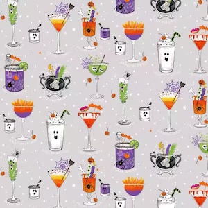 May include: A light gray fabric pattern featuring various Halloween-themed cocktails and drinks. Illustrations include ghost-faced mugs, orange and purple layered drinks, martini glasses with spider webs, cauldrons, and skull garnishes.