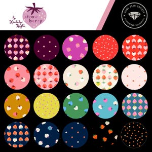 May include: A collection of twenty circular fabric swatches featuring strawberry patterns in various colors including red, pink, yellow, green, blue, and black. The top left corner displays the text strawberry by Kimberly Kight.
