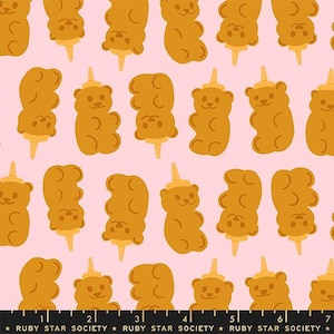 May include: Pink fabric with a repeating pattern of cartoon gummy bears on sticks. The bears are light brown with a yellow hat and stick. The text "RUBY STAR SOCIETY" is at the bottom.