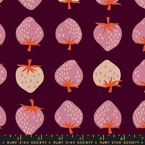 May include: A repeating pattern of stylized strawberries in shades of pink and cream with orange stems and leaves. The strawberries are set against a dark burgundy background. The text "RUBY STAR SOCIETY" is at the bottom.