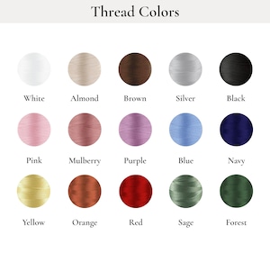 Pu&ograve; includere: Immagine che mostra una tabella dei colori dei fili. Il testo "Thread Colors" &egrave; in alto. I colori dei fili includono bianco, mandorla, marrone, argento, nero, rosa, mora, viola, blu, blu navy, giallo, arancione, rosso, salvia e foresta.