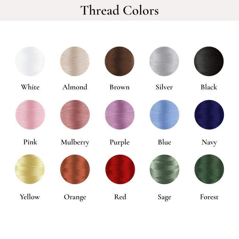 Pu&ograve; includere: Immagine che mostra una tabella dei colori dei fili. Il testo "Thread Colors" &egrave; in alto. I colori dei fili includono bianco, mandorla, marrone, argento, nero, rosa, mora, viola, blu, blu navy, giallo, arancione, rosso, salvia e foresta.