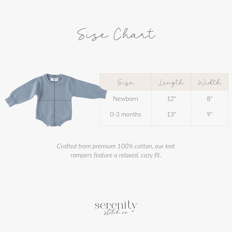 May include: A light blue long-sleeve knit romper with a size chart displaying measurements in inches. The chart lists Newborn size as 12 inches in length and 8 inches in width, and 0-3 months size as 13 inches in length and 9 inches in width.