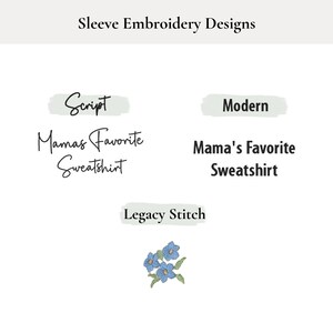 Pu&ograve; includere: Immagine che mostra disegni di ricamo per maniche. Il testo include gli stili "Script" e "Modern", con "Mama's Favorite Sweatshirt" in corsivo e lettere maiuscole. Un design "Legacy Stitch" presenta ricami floreali blu.