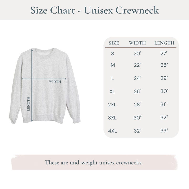 Pu&ograve; includere: Felpa girocollo unisex grigio chiaro con tabella taglie. La tabella mostra le misure di larghezza e lunghezza in pollici, dalla taglia small alla 4XL. Il testo in alto recita "Tabella taglie - Girocollo unisex".