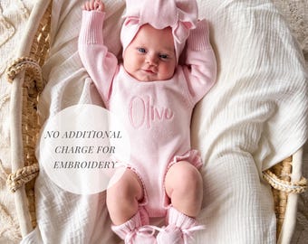 Personalized Knit Baby Girl Ruffle Romper, Embroidered Newborn Coming Home Outfit, Birth Announcement, Baby Shower Gift