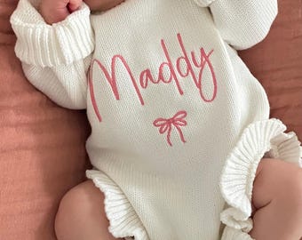 Personalized Baby Name Romper Knit Newborn Outfit With Ruffles Embroidered Baby Girl Take Home Outfit Custom Name Baby Shower Gift