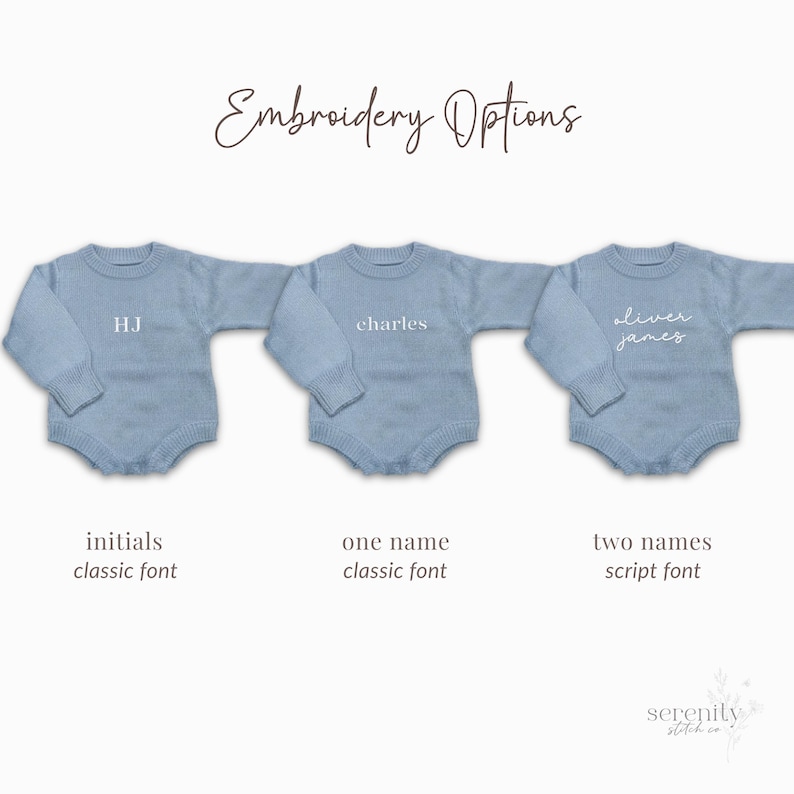 May include: Three light blue long-sleeve knit rompers displayed horizontally. The text Embroidery Options appears at the top. Each romper features different embroidery: HJ in a classic font, charles in a classic font, and oliver james in a script font.